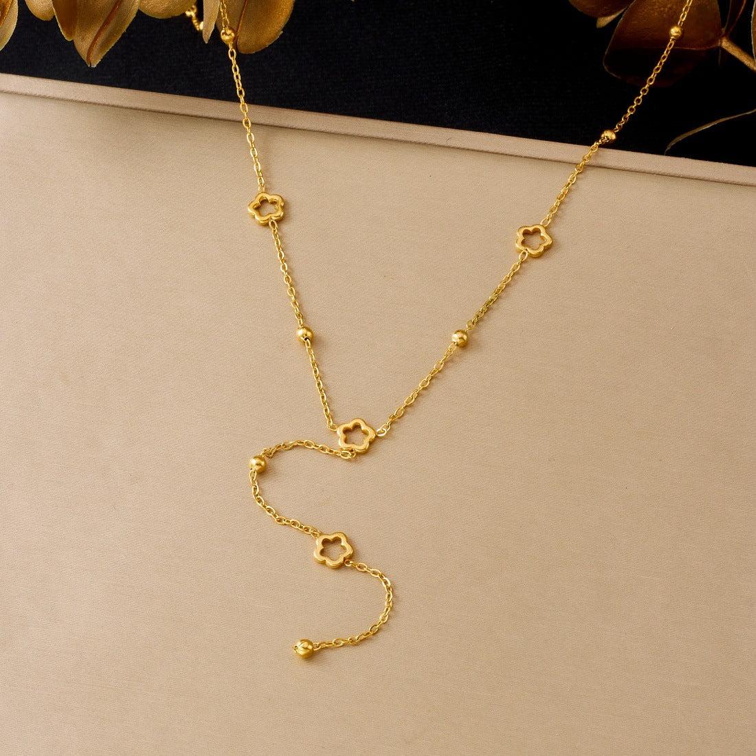 Minimalist Gold Plated Hollow Floral Stainless Steel Long Tassel Necklace for Women