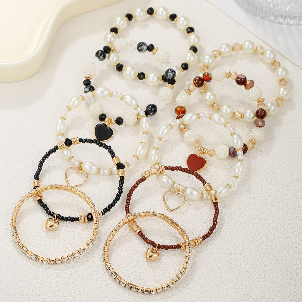 Bohemian Geometric Heart Round Alloy Pearl Rhinestone Bracelet for Women