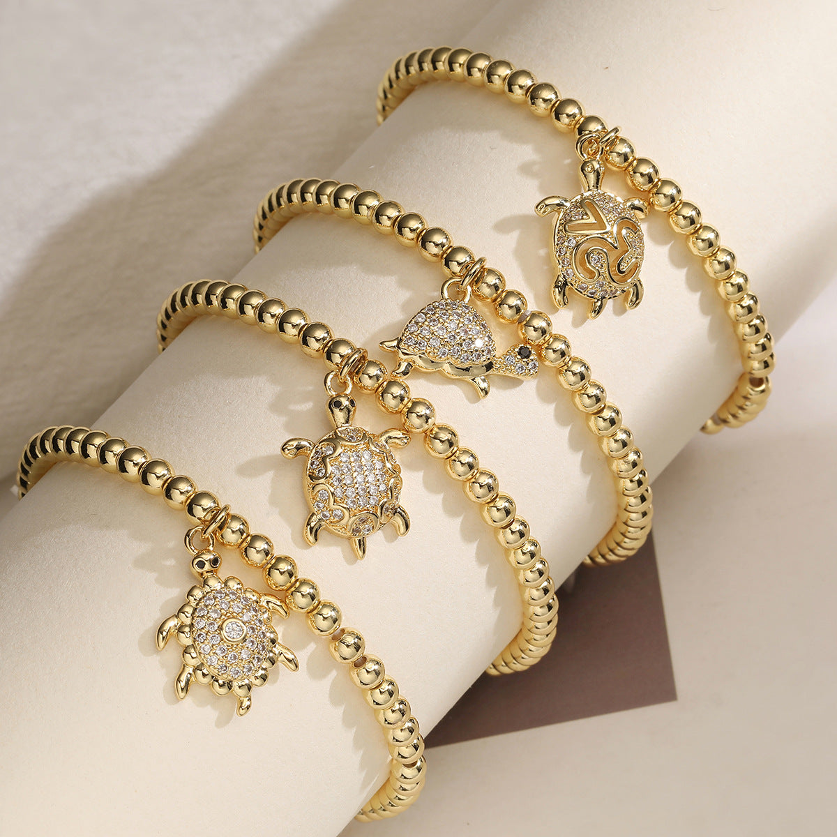 Fashion Cute 18K Gold Plated Cubic Zirconia Turtle Animal Brass Ball Chain Bracelet for Women