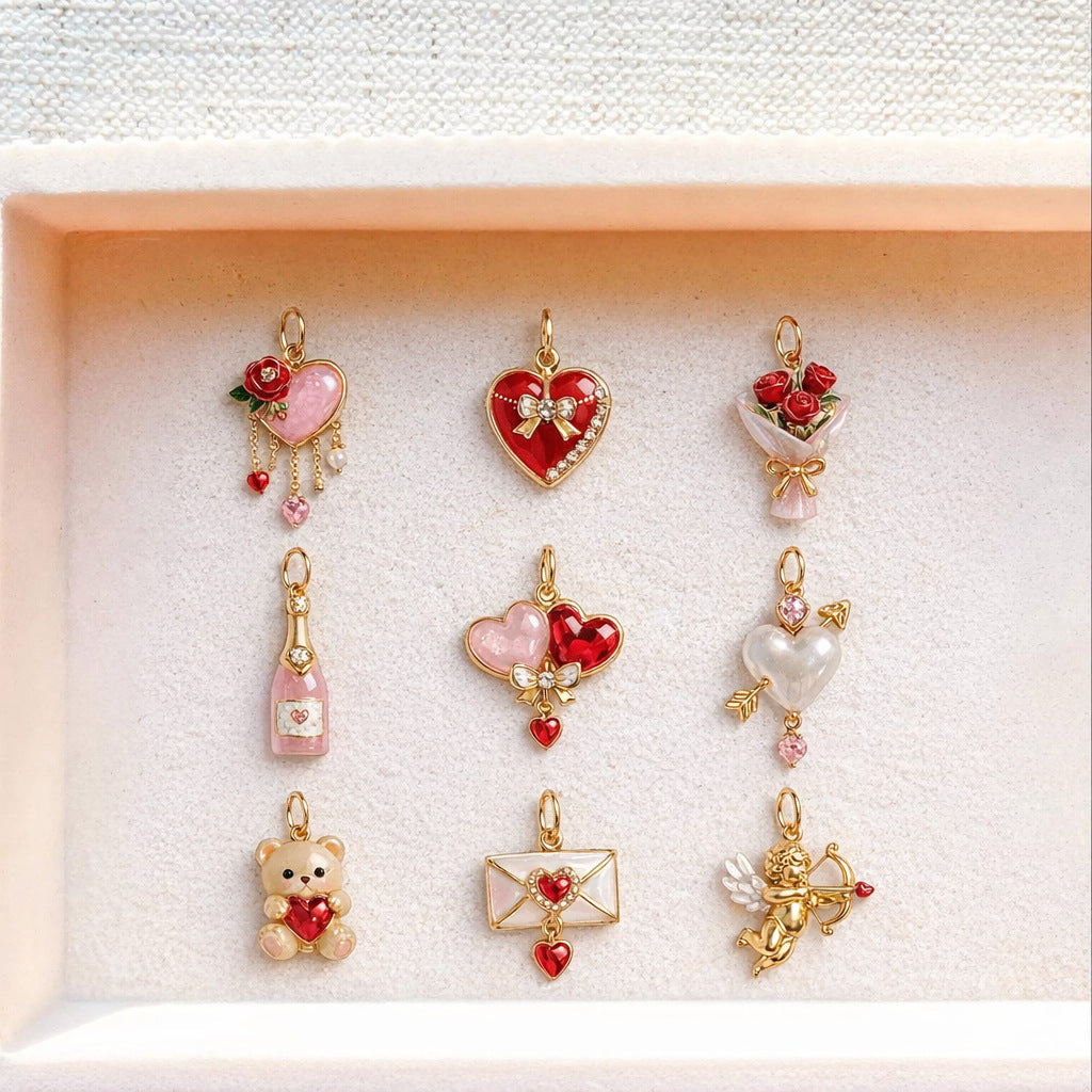 Barretta Ciondolo Vintage Orsetto Cuore con Smalto a Goccia Placcato Oro 14K