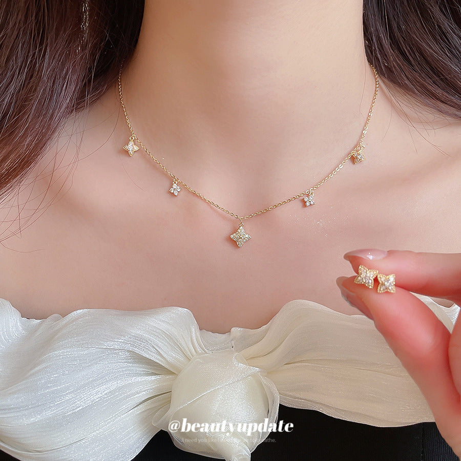 Elegant Floral Design Gold-Plated Copper Necklace and Earrings Set with Zircon Inlay for Women