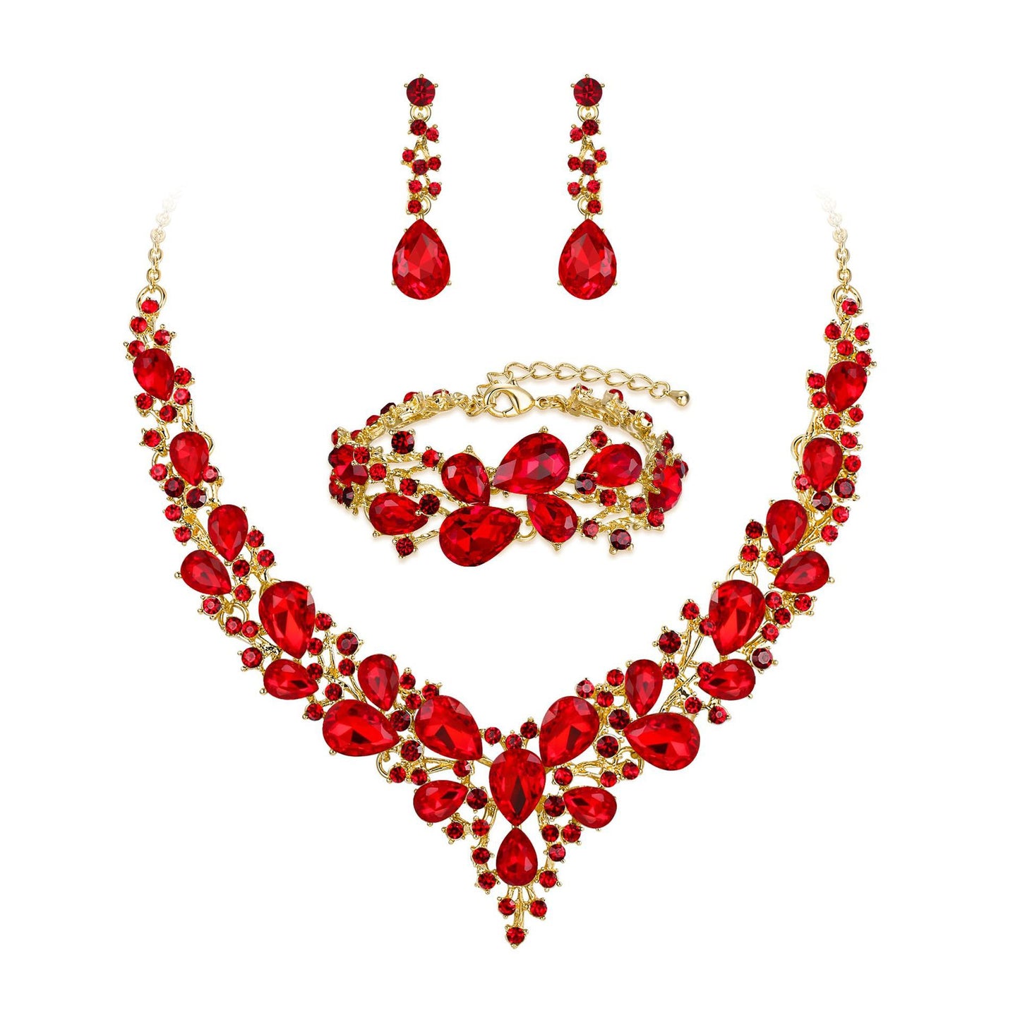 Elegant Waterdrop Floral Pattern Rhinestone Pendant Necklace Earrings Bracelet Set for Women with Alloy Base and Plated Finish