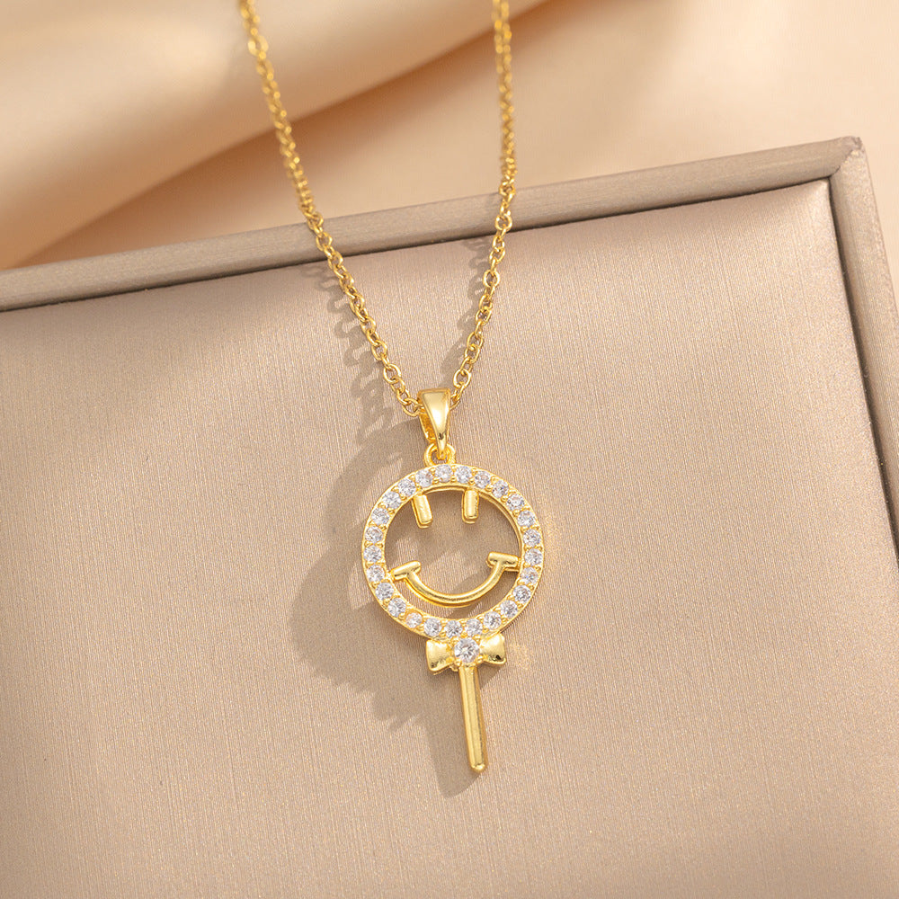 Minimalist Smiley Face Geometric Titanium Steel Plated Necklace for Women with Zircon Accent and O-Chain