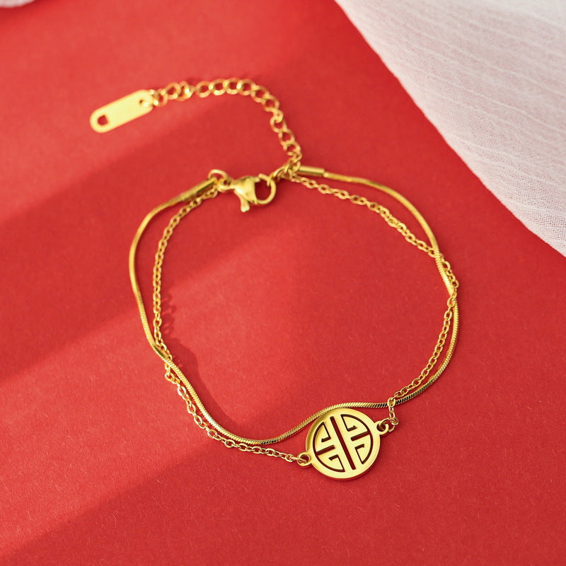 Vintage-Inspired Double-Layer Lucky Fu Character Bracelet for Women in Titanium Steel with Vacuum Plating and Geometric Circle Design
