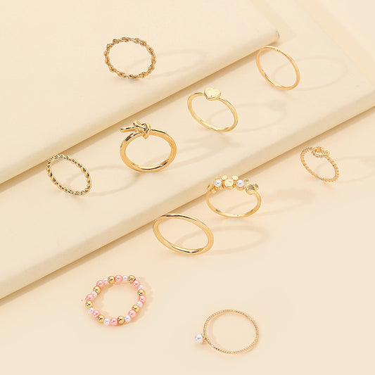 Sweet Gold Plated Geometric Heart Alloy Ring Set with Imitation Pearl for Women