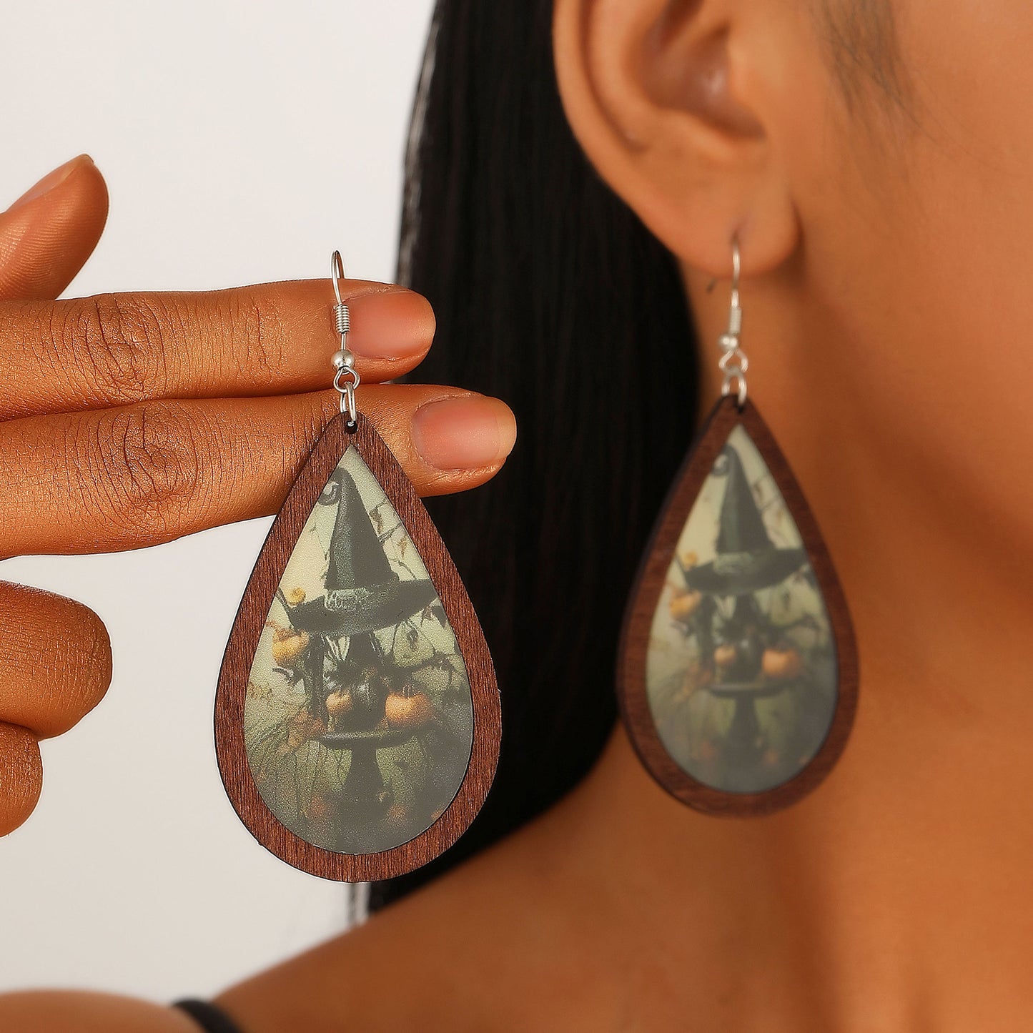 Pendientes geométricos con temática de Halloween, con motivos de calabazas y fantasmas impresos, pendientes de madera de Halloween para mujer