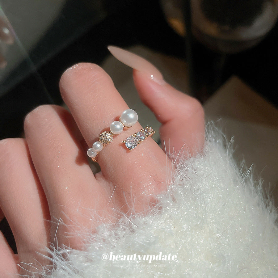Anillo de Perlas Geométrico Minimalista Elegante con Incrustaciones de Circones para Mujer, Accesorio de Moda de Lujo para Uso Diario