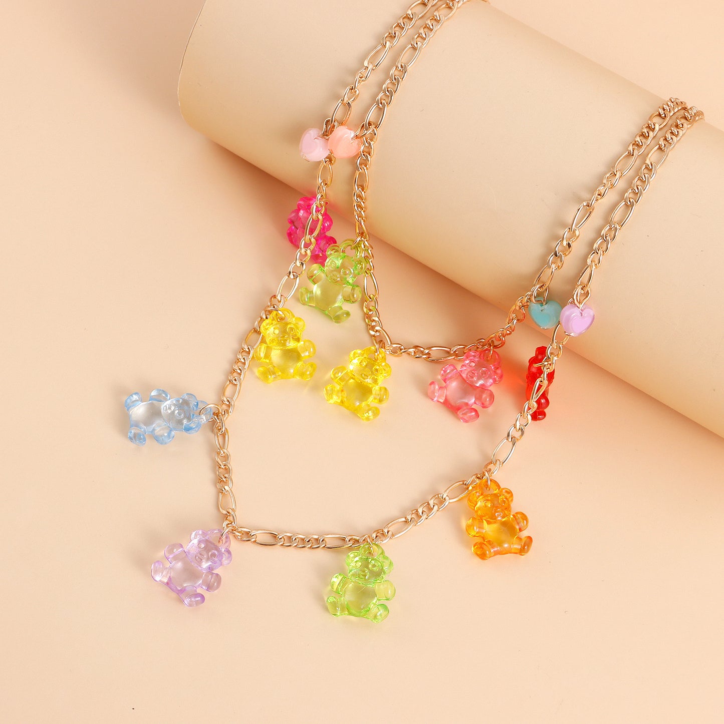 Cute Minimalist Double-Layer Bear and Heart Pendant Necklace for Women with Electroplated Metal Chain and Geometric Design