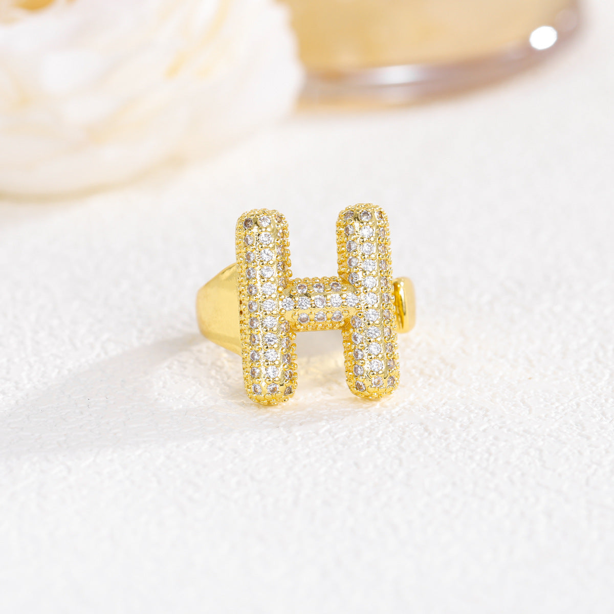 Sweet Plated Brass Letter Ring with Cubic Zirconia Adjustable Open Ring for Women and Men