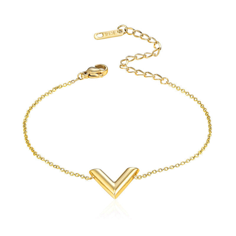Collar minimalista con la letra V de acero de titanio chapado en oro para mujer, con cadena de medallón