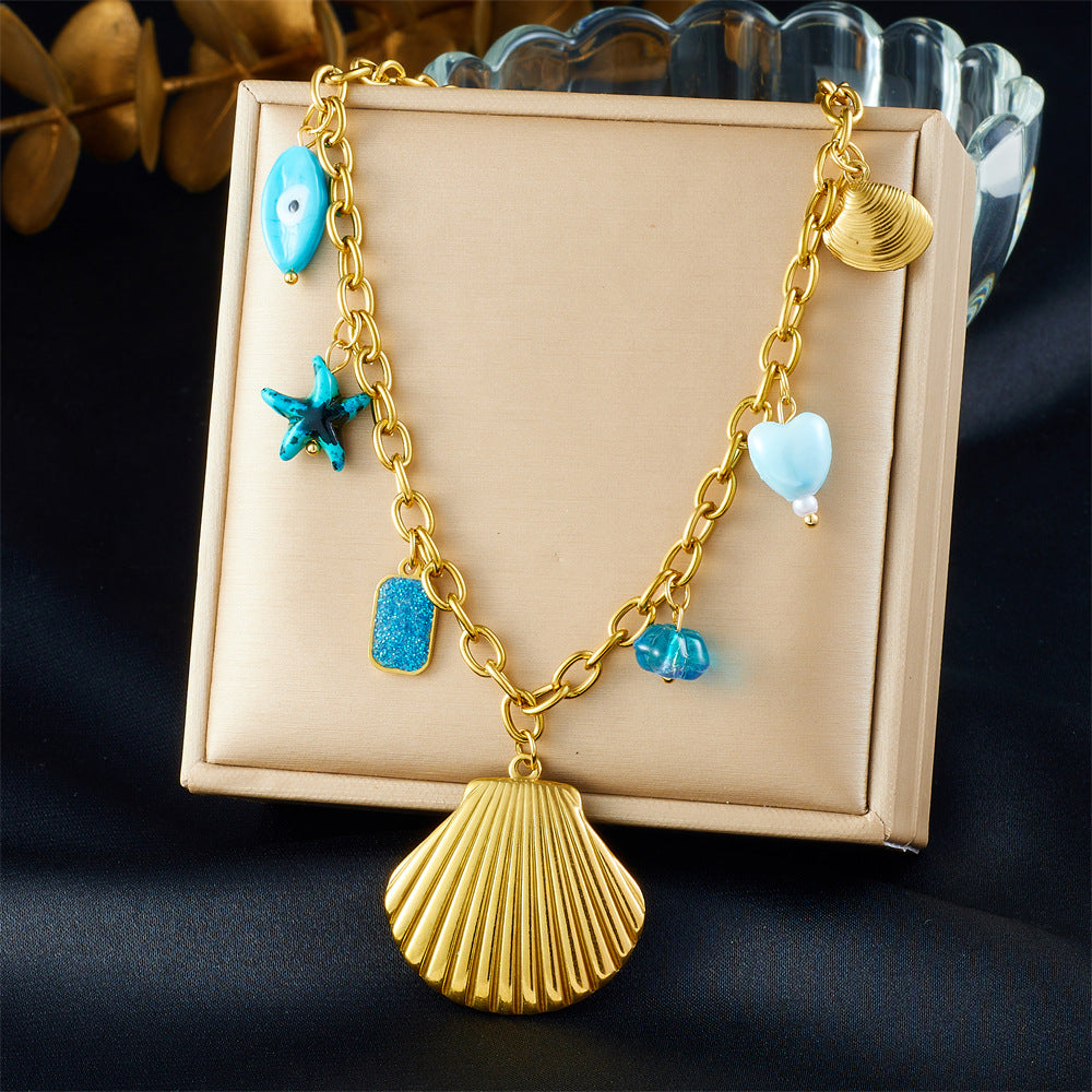 Sweet Stainless Steel Plated Animal Shell Turtle Seahorse Starfish Sun Pendant Necklace with Curb Chain for Women