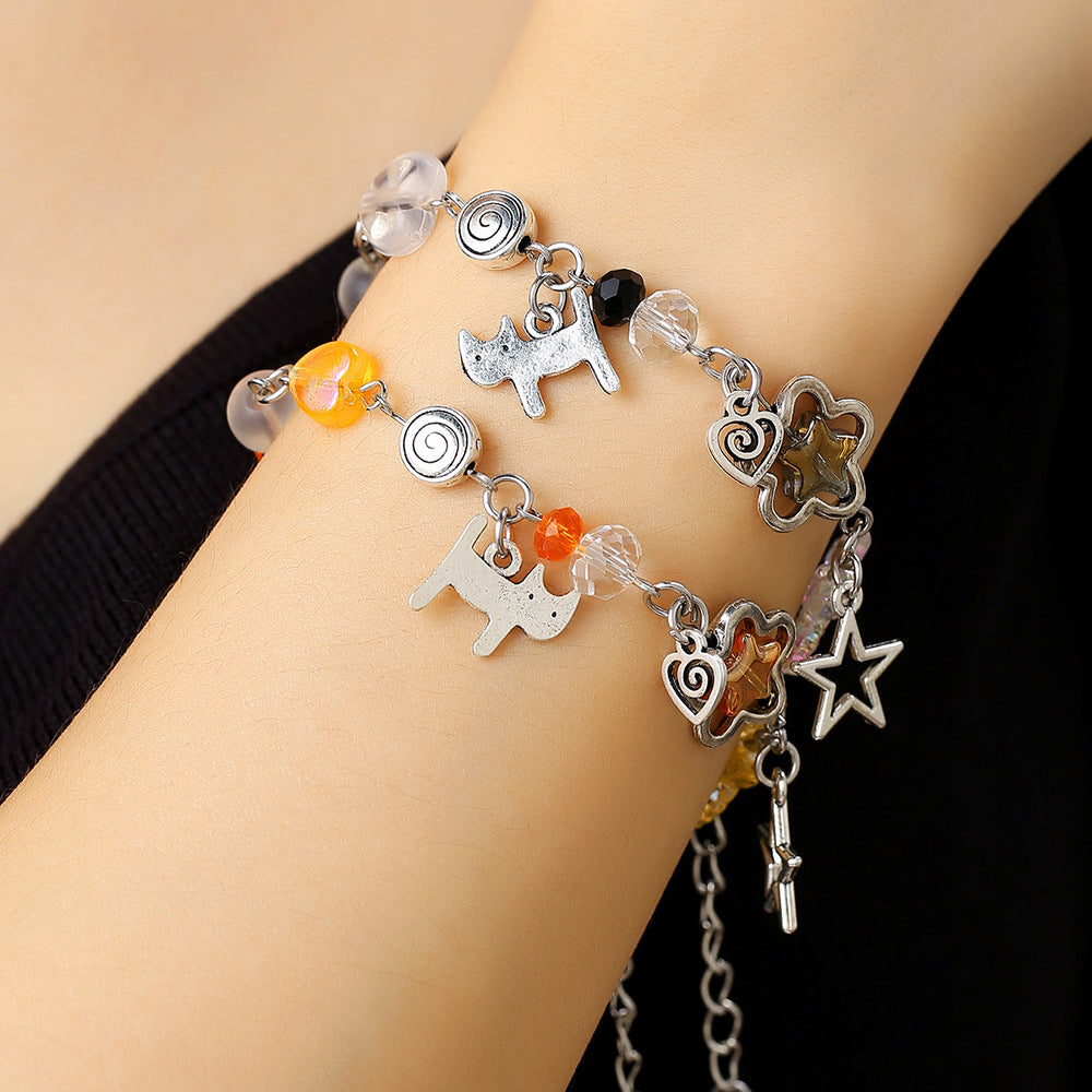 Punk Geometric Star Moon Cat Hollow Bracelet for Women and Men