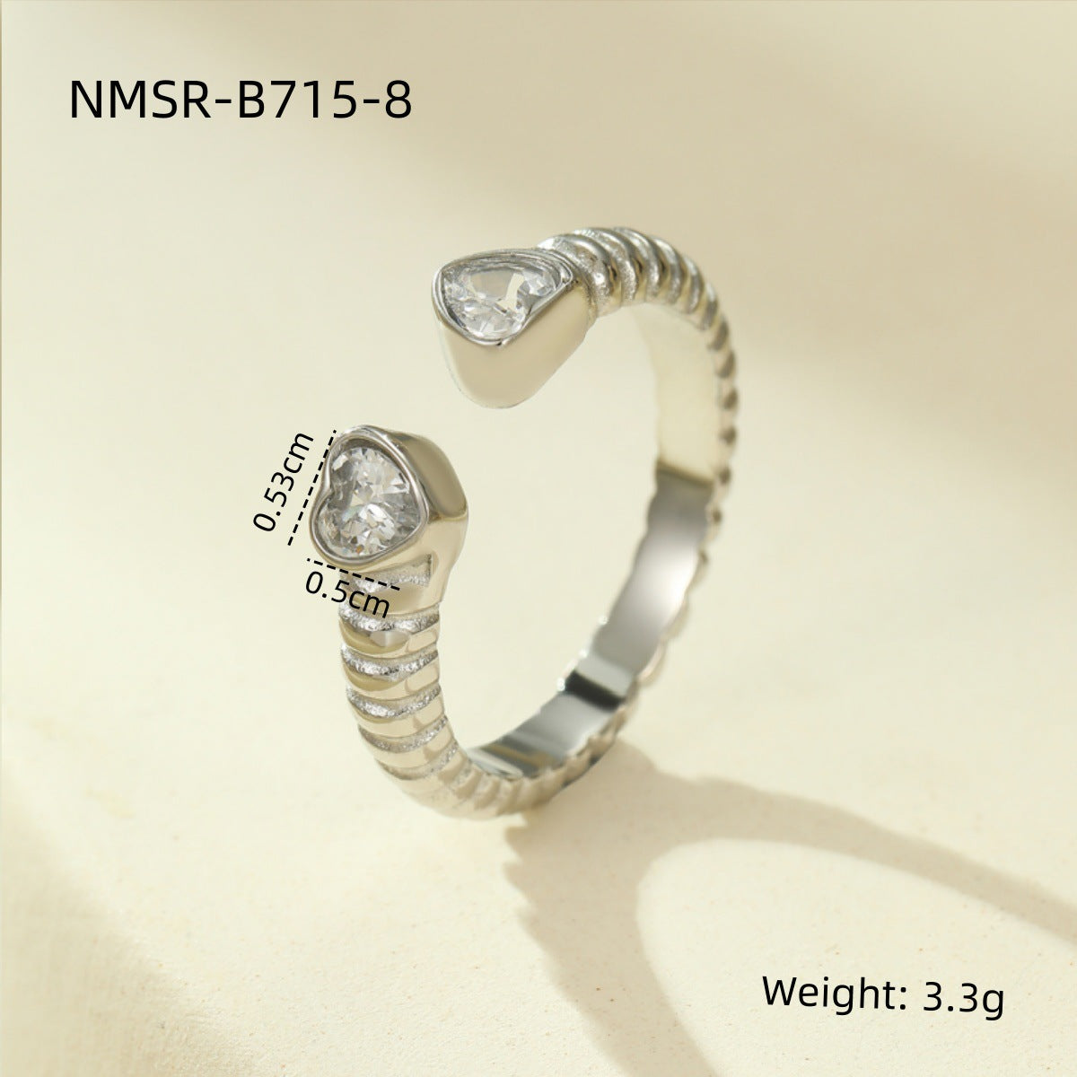 Anillo Abierto Lujoso Minimalista de Acero de Titanio con Incrustaciones de Circonita Cuadrada y Diseño de Corazón para Mujer