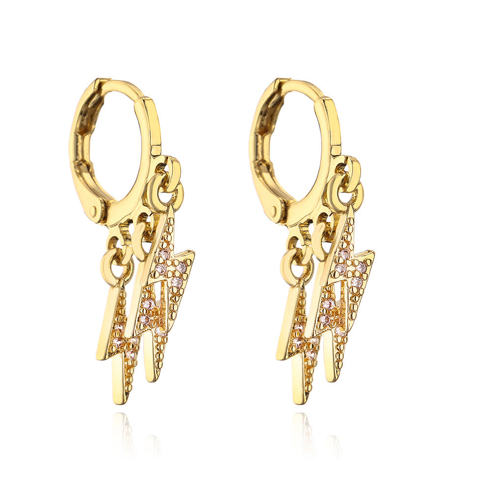 Minimalist Geometric Lightning-Shaped Earrings for Women Made of Brass with 18K Gold Plating and Zircon Inlay