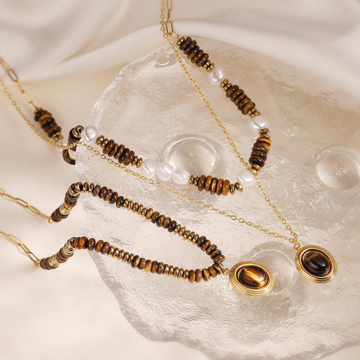 Minimalist Geometric Tiger Eye Beaded Double Layer Necklace in Stainless Steel for Women