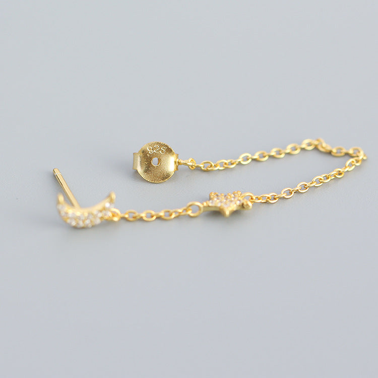 Orecchini in Argento Sterling 925 a Stella e Luna Geometrici con Inlay di Zirconi Cubici e Nappa a Catena Pendente