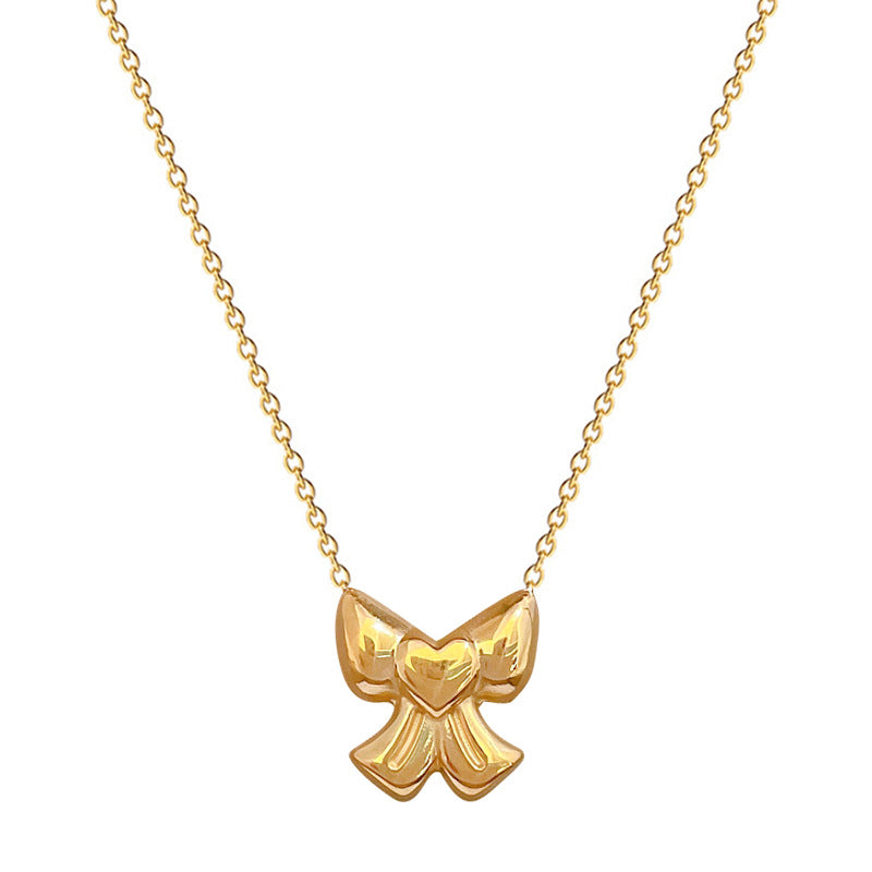 Minimalist Bowknot Heart Pendant Necklace for Women in Titanium Steel with Gold Plating, Clavicle Chain