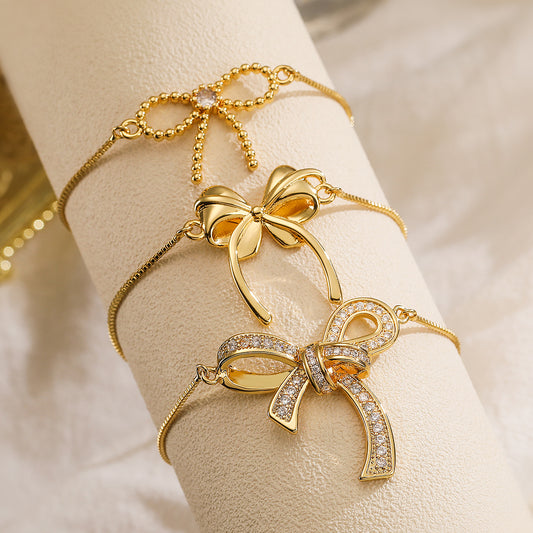 Sweet Style Bowknot-Shaped Hand Chain for Women Made of Brass with Real Gold Plating and Micro-Paved Zirconia