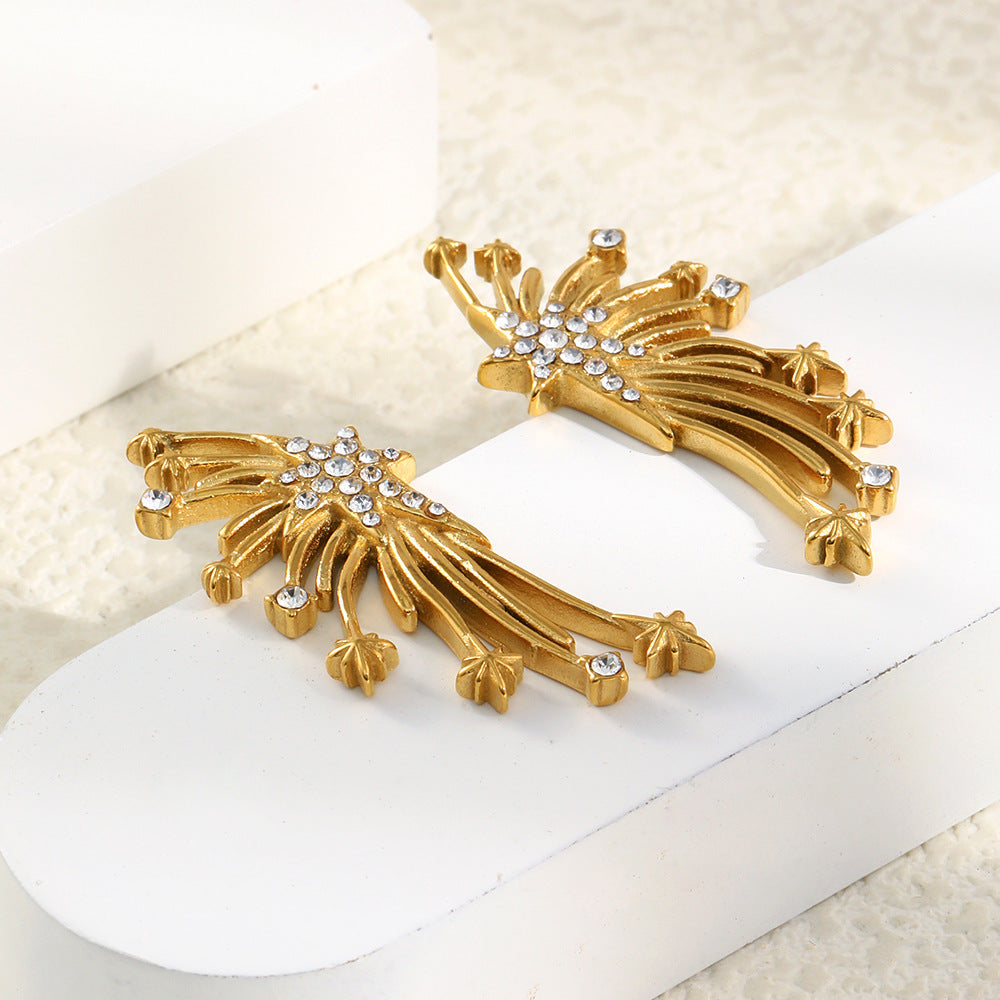 Minimalist Geometric Wing-Shaped Stainless Steel Earrings with 18K Gold Plating and Zircon Inlay for Women