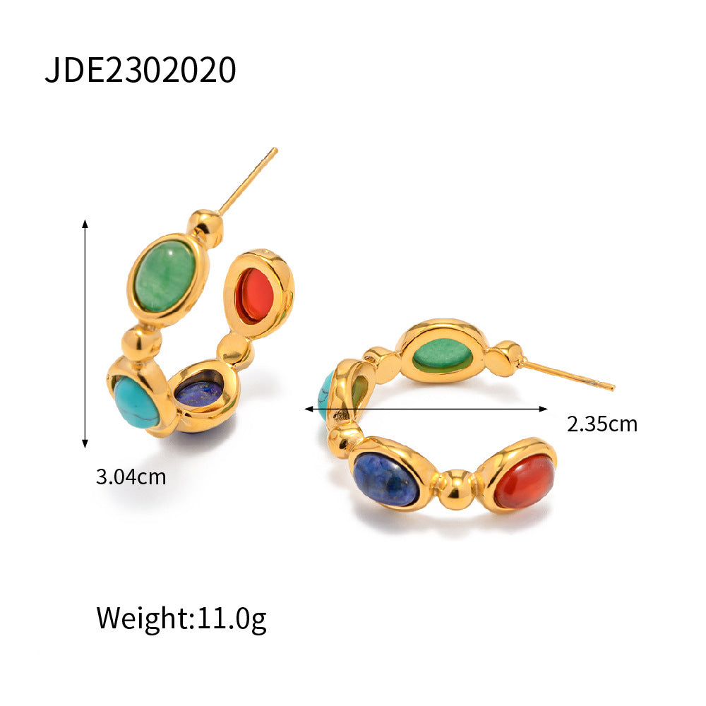 Orecchini geometrici a C in acciaio inossidabile placcati oro 18 carati con intarsio in pietra naturale da donna