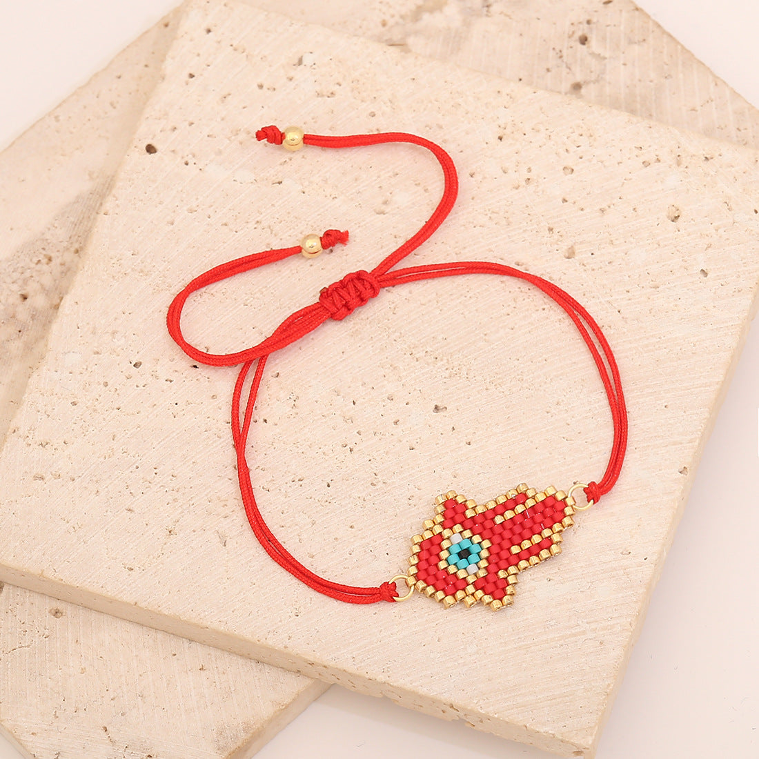 Handmade Woven Glass Beaded Palm Bracelet with Evil Eye Charm for Women