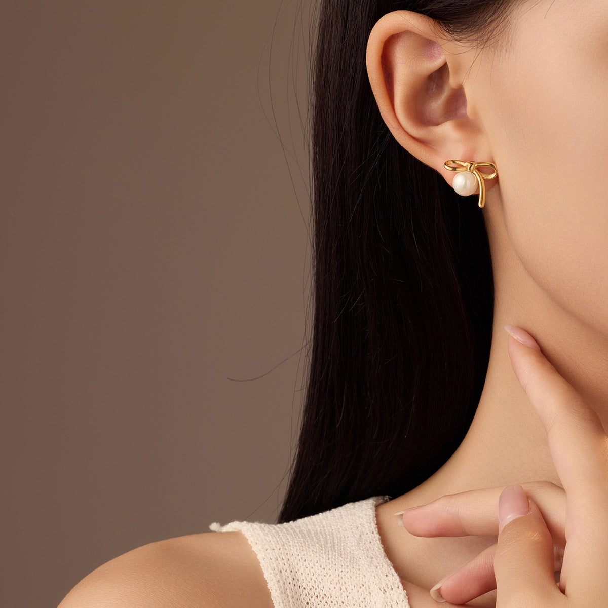 Minimalist Bow-Shaped Titanium Steel Stud Earrings with Pearl Inlay for Women, Hypoallergenic and Fade-Resistant