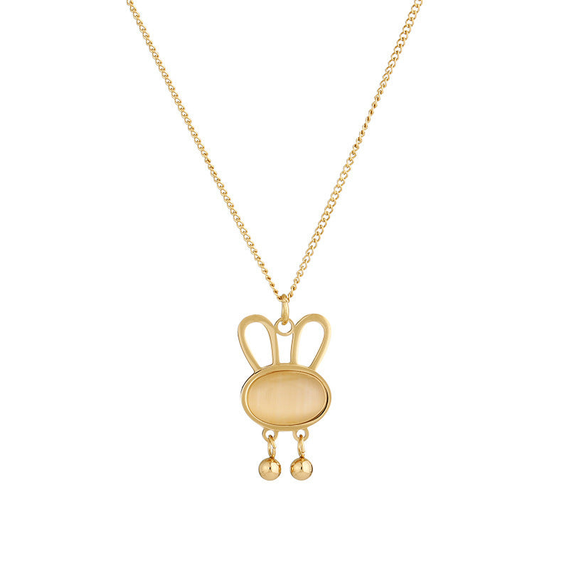 Graziosa collana con ciondolo a forma di orecchie di coniglio con pietra Cat's Eye e accenti in madreperla bianca, base in acciaio al titanio con placcatura in oro, catena a onda d'acqua, stile locket ipoallergenico