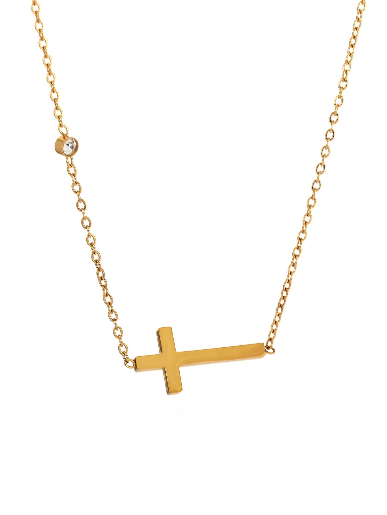 Casual 18K Gold Plated Stainless Steel Cross Necklace with Cubic Zirconia for Women