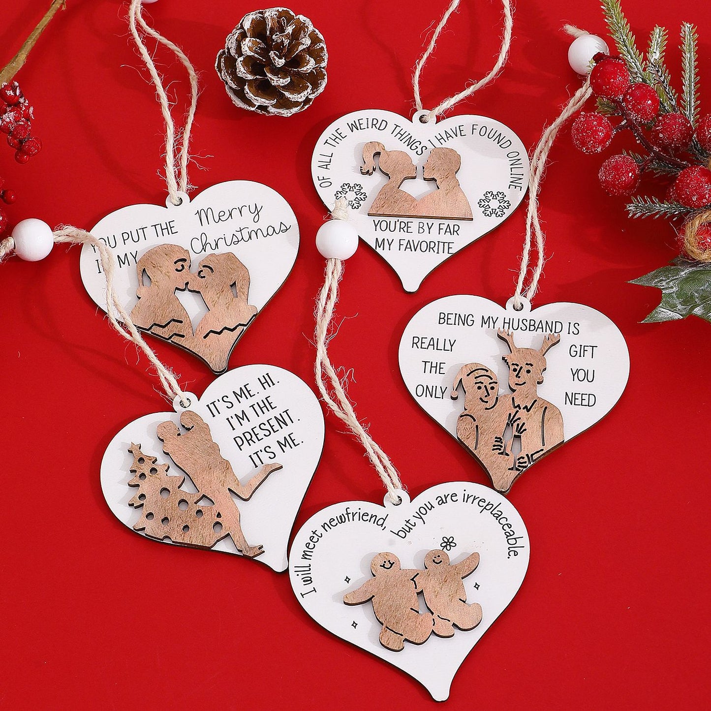 Ciondolo creativo in legno a forma di cuore con testo stampato per feste di Natale, coppie e amici