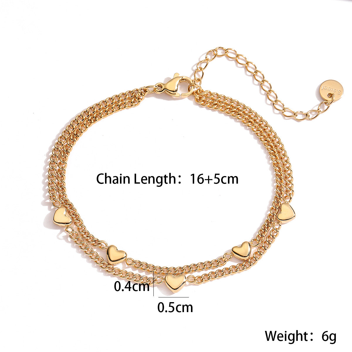 Fashionable Geometric Heart-Shaped Stainless Steel Bracelet for Women with 18K Gold Plating Dual-Layer Design