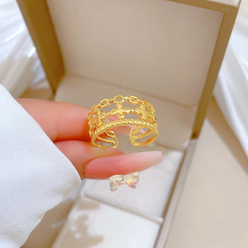 Minimalist Sweet Gold Plated Brass Plant Ring Adjustable Open Band for Couples
