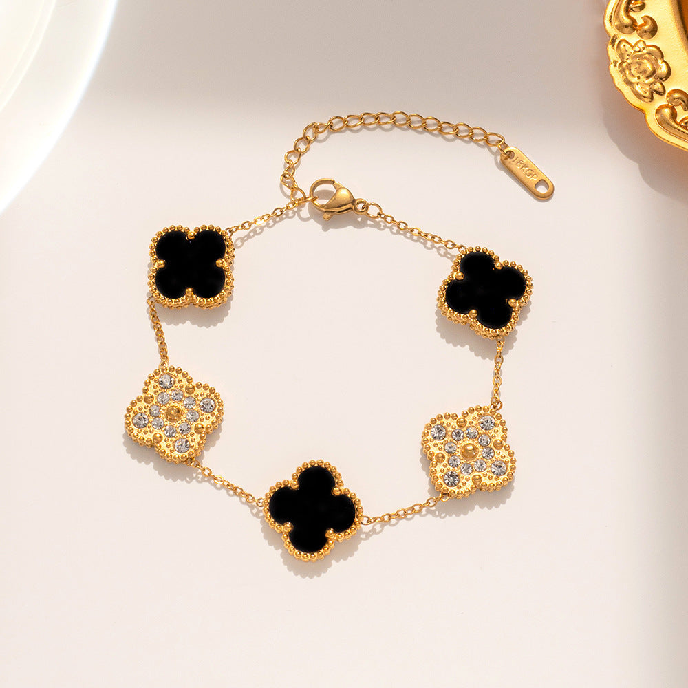 Pulsera Minimalista de Acero de Titanio con Forma de Trébol para Mujer con Baño de Oro e Incrustaciones de Nácar