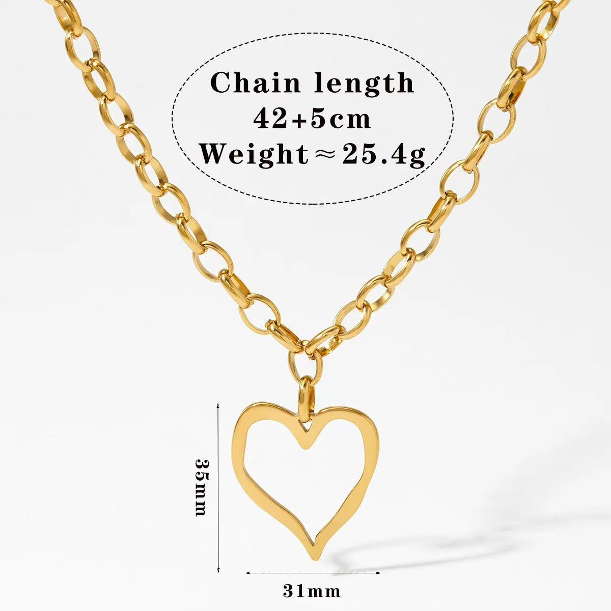 Vintage Oversized Hollow Heart-Shaped Stainless Steel Thick Sweater Necklace with Plated Finish for Women and Men
