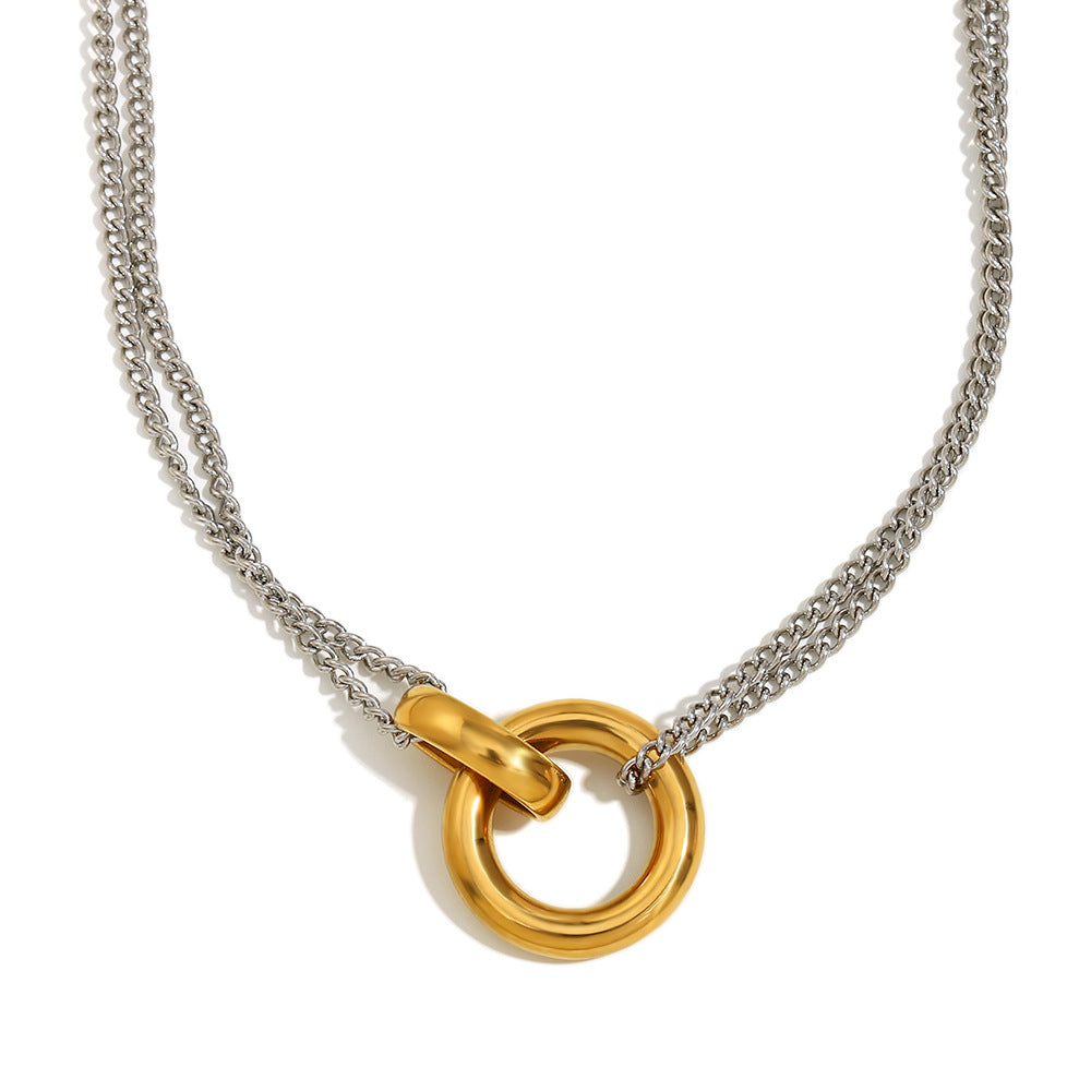 Minimalist Geometric Stainless Steel Plated 18K Gold Double Circle Necklace for Women
