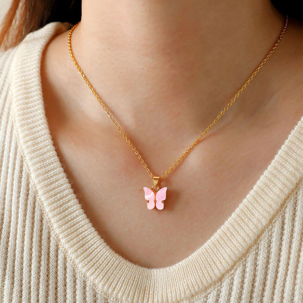 Pink Butterfly Pendant Stainless Steel Necklace for Women
