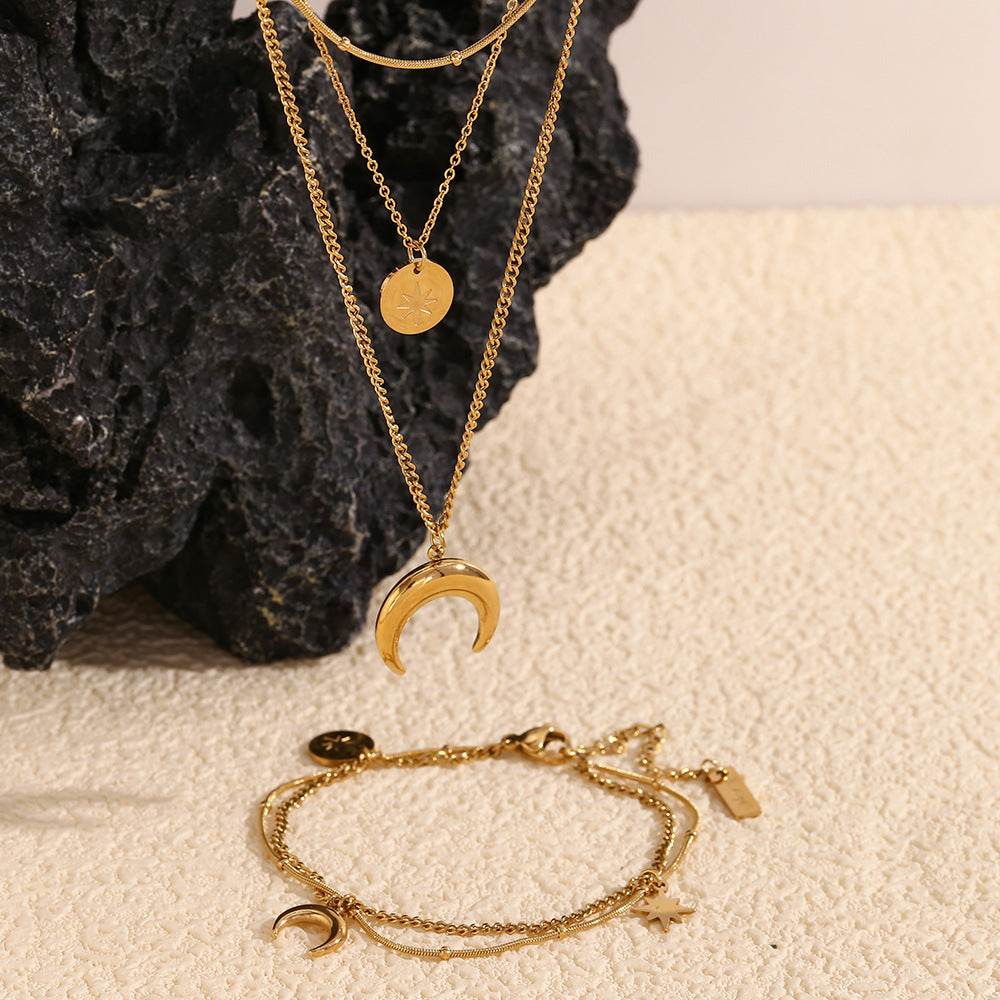 Vintage-Style Geometric Moon and Eight-Pointed Star Pendant Necklace Set in Stainless Steel with 18K Gold Plating for Women