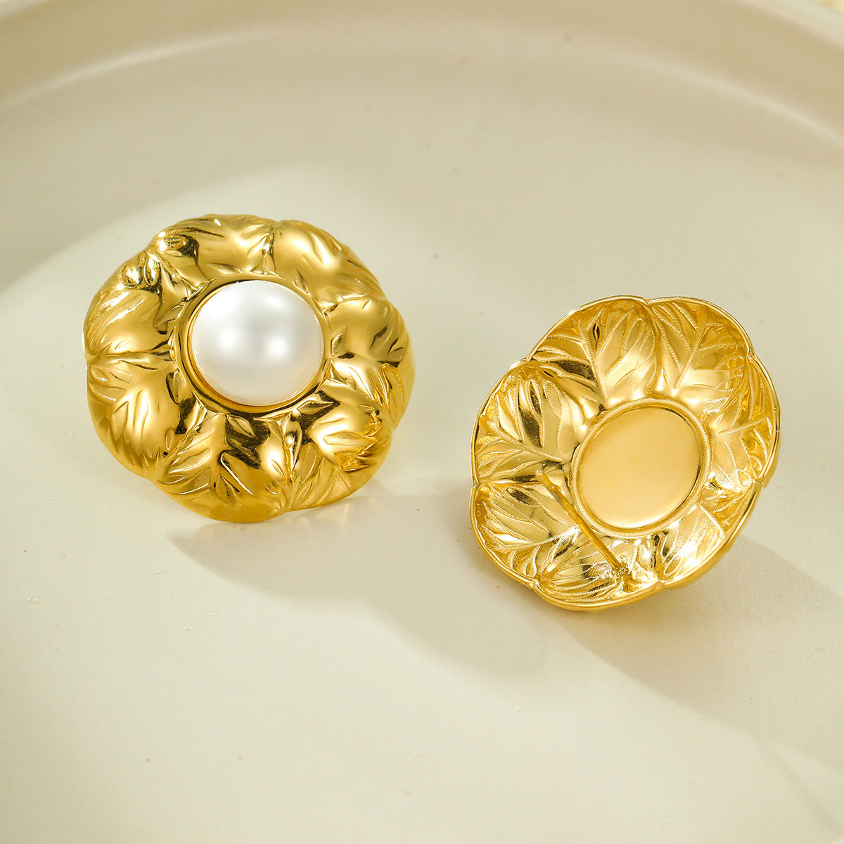 Pendientes de botón redondos de acero de titanio con textura de perlas incrustadas estilo vintage para mujer