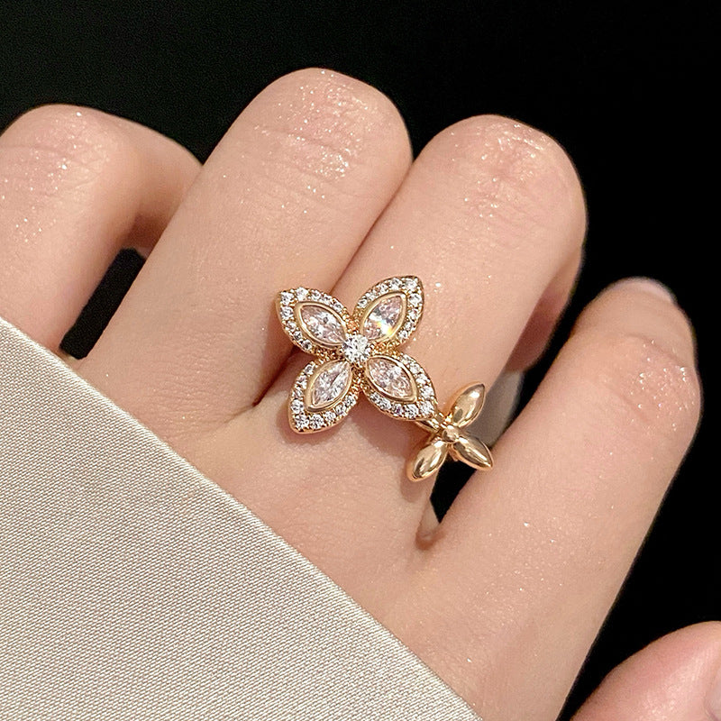 Elegante Anillo Abierto Floral de Estilo Francés para Mujer Hecho de Cobre con Incrustaciones de Circonitas, Anillo de Moda de Lujo Minimalista para el Dedo Índice