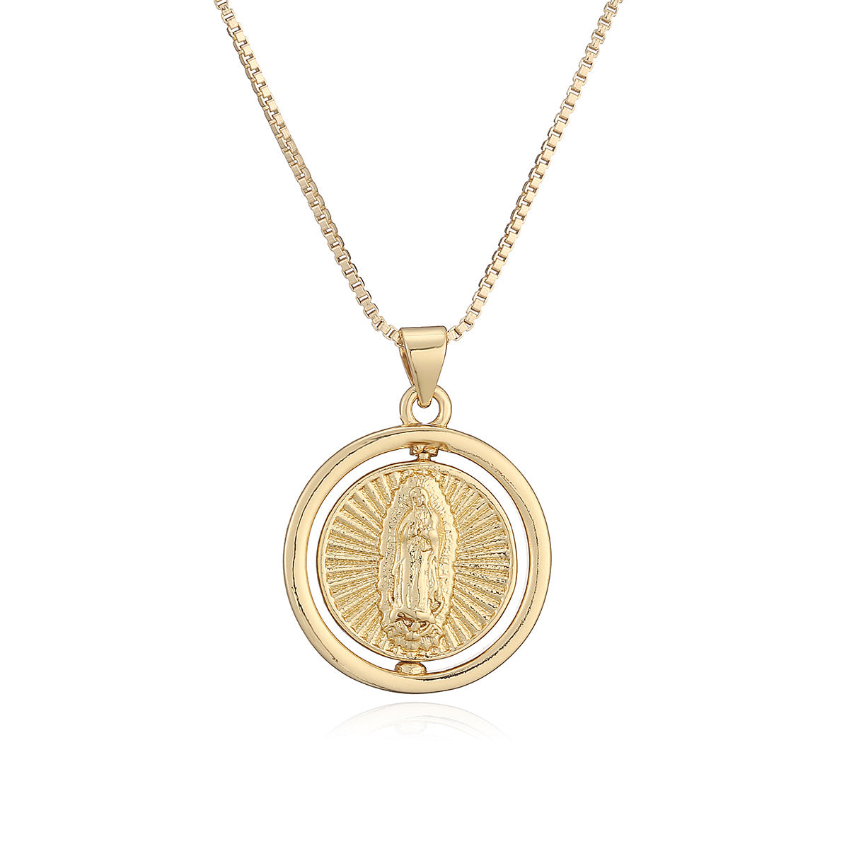 Minimalist 18K Gold Plated Brass Geometric Round Virgin Mary Pendant Necklace for Women