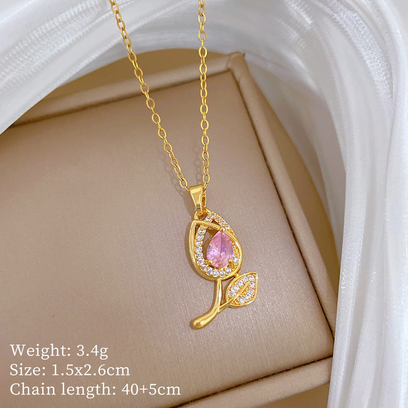 Sweet Cartoon Animal Micro-Inlaid Cubic Zirconia Brass Pendant Titanium Steel Necklace for Unisex