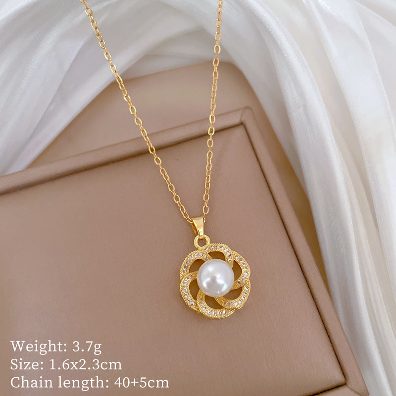 Geometric Minimalist Titanium Steel Lip Chain Necklace with Copper Pendant and Rhinestone Inlay