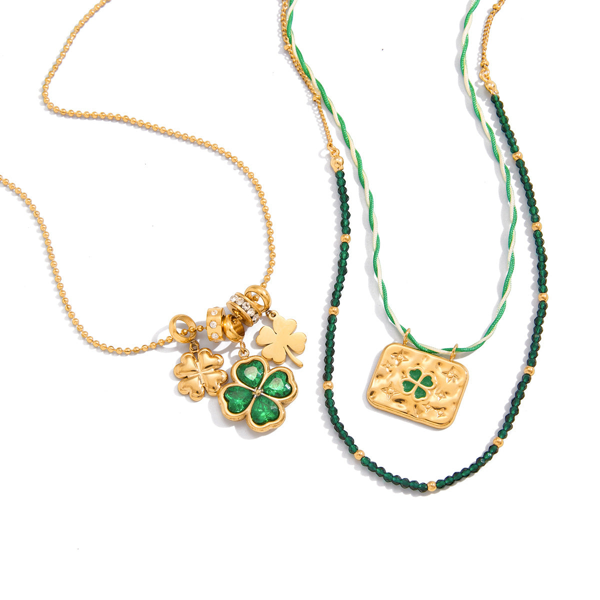 Elegant Green Cubic Zirconia Four-Leaf Clover Stainless Steel PVD Necklace for Women