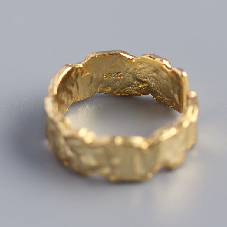 925 Sterling Silver Gold Plated Irregular Foil Texture Ring for Women