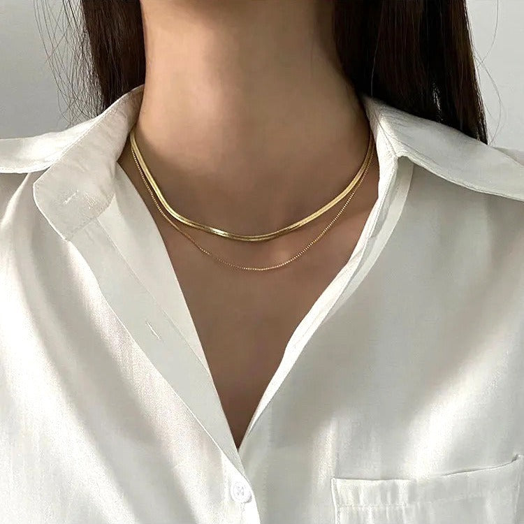 Collana da donna a doppio strato minimalista geometrica in acciaio al titanio con finitura placcata e catena snake