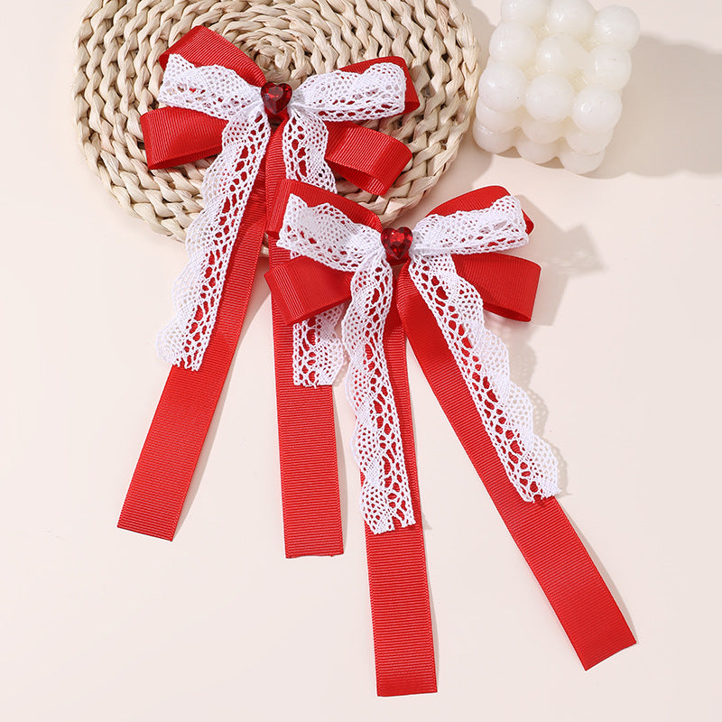 Sweet Cute Bow Hair Clip for Girls with Lace Ribbon and Ruffled Design, Plastic Resin Duckbill Hairpin in Princess Style