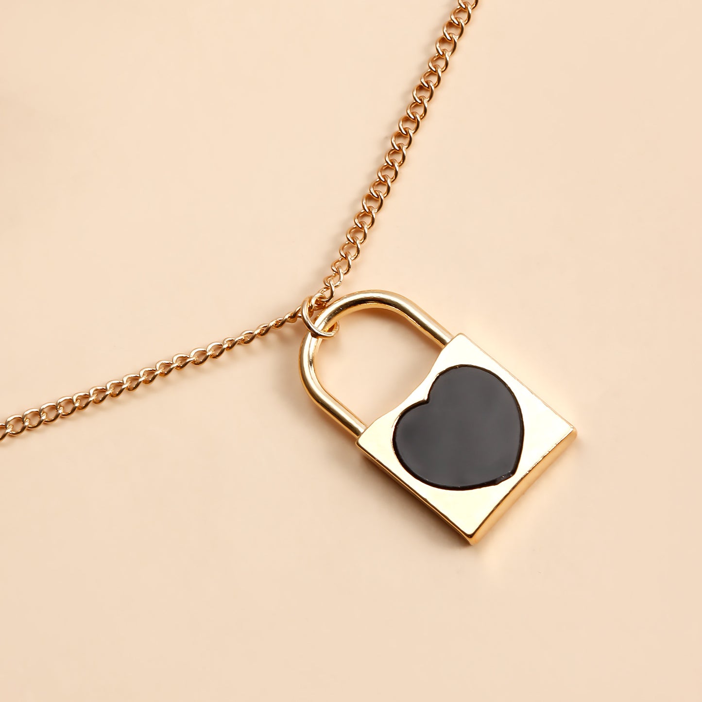 Elegant Two-Tier Black Heart-Shaped Lock Pendant Necklace in Metal with Electroplated Finish on Clavicle Chain