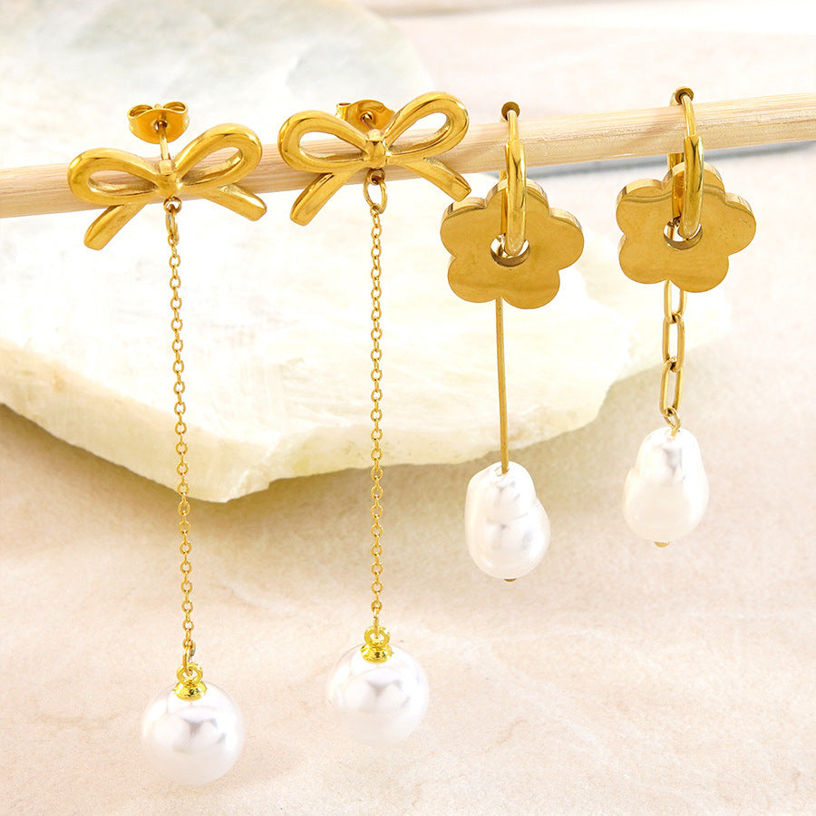 Sweet Elegant Floral Bow Plated Stainless Steel Dangle Earrings for Women