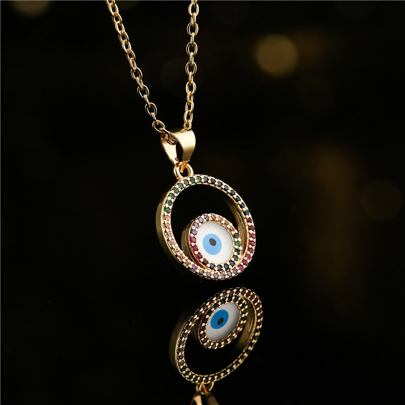 Round Brass Evil Eye Drip Oil Necklace with Micro-inlaid Cubic Zirconia for Women