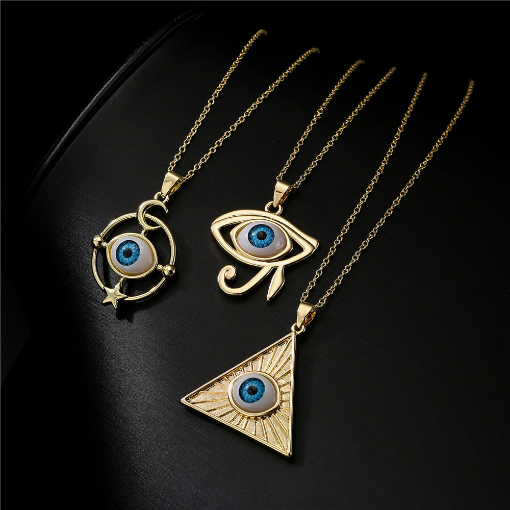 Punk Hip-hop Streetwear 18K Gold Plated Geometric Inlay Cubic Zirconia Eye Pendant Necklace with Cable Chain