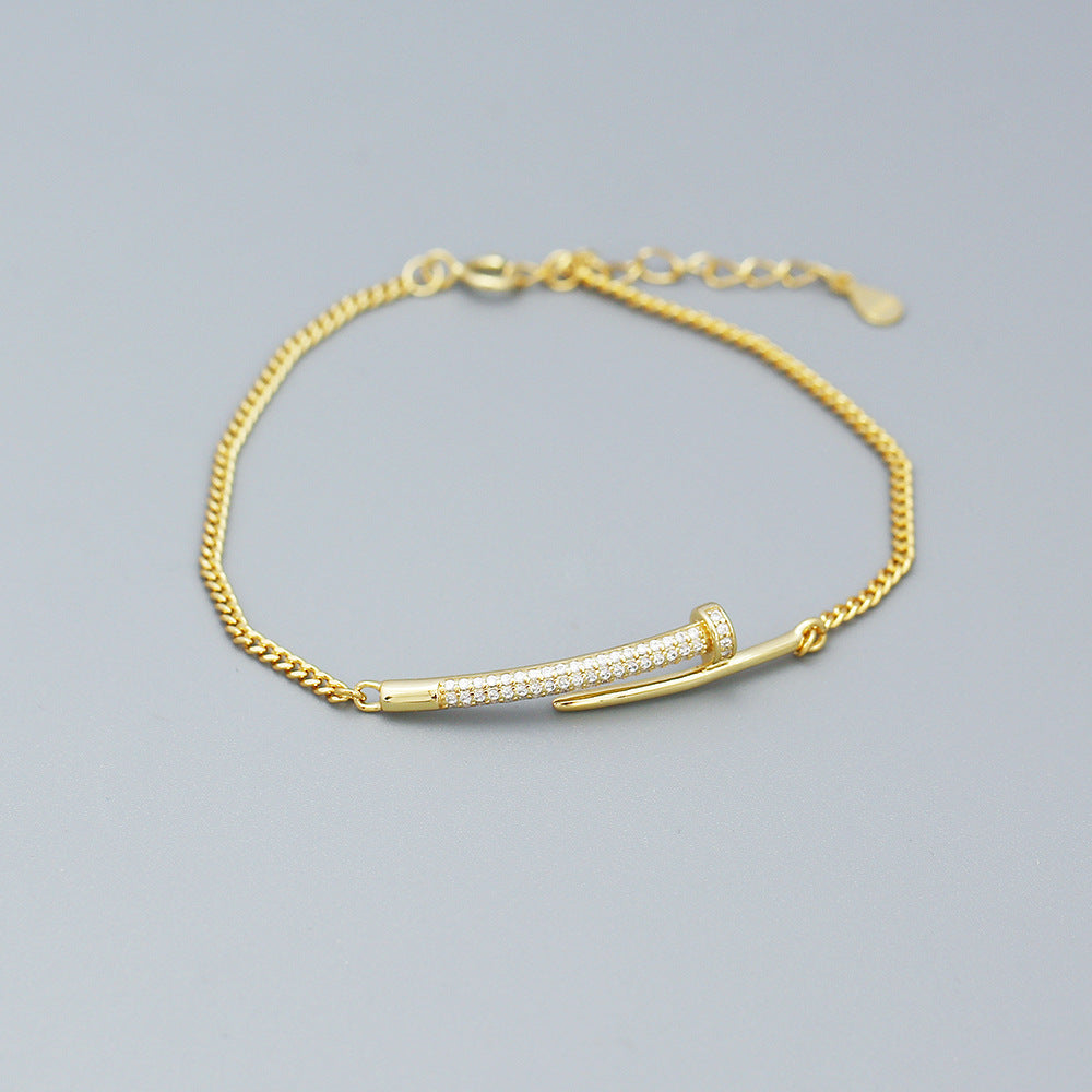 Pulsera geométrica de plata de ley 925 con incrustaciones de diamantes y remaches para mujer